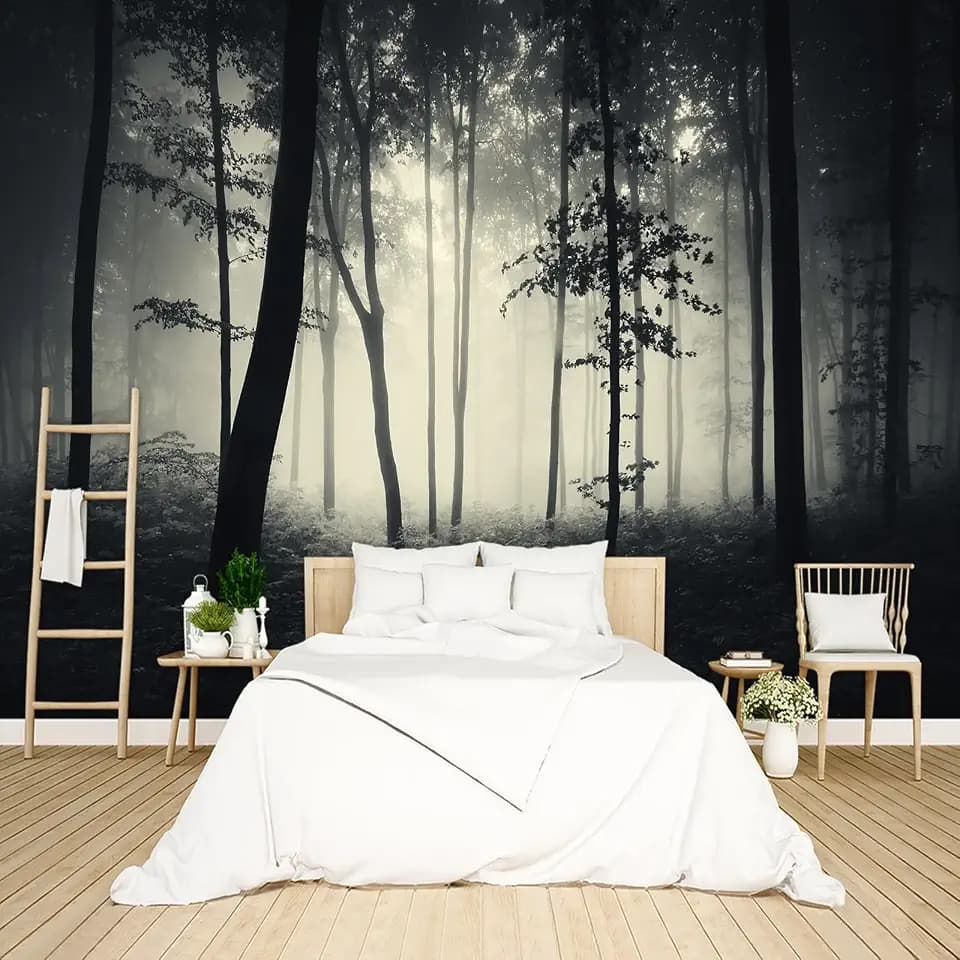 Dark Enchanted Misty Forest Wallpaper Peel and Stick wall Mural for Bedroom Living Room - 96"x137"
