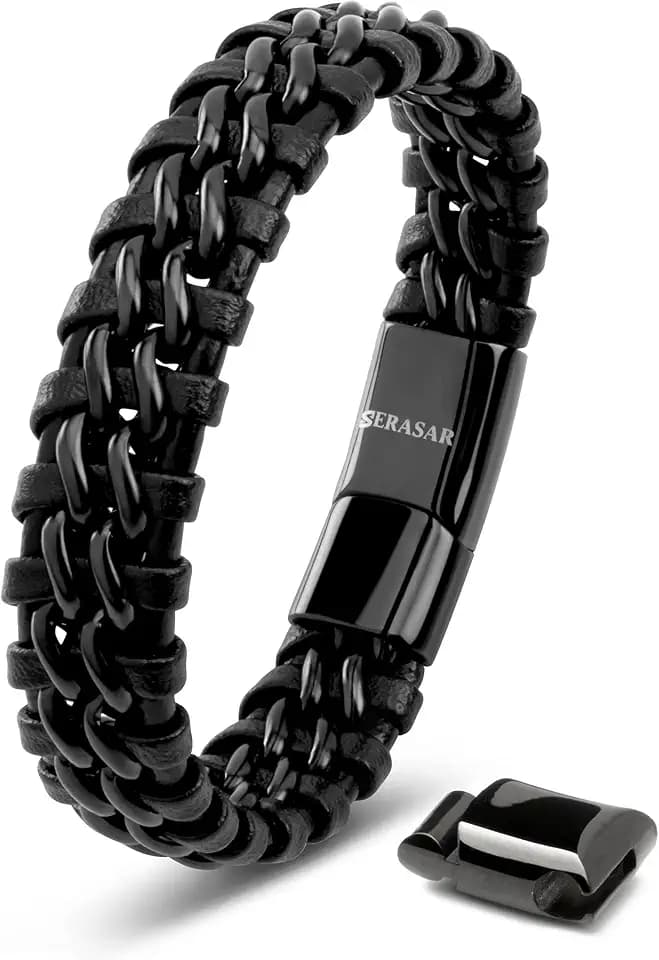 SERASAR Men's Genuine Leather Bracelet [Steel], Black, Magnetic Clasp