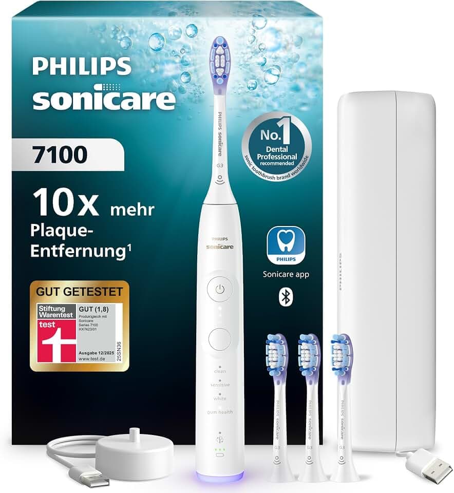 Philips Sonicare 7100 elektrische Zahnbürste, Schallzahnbürste mit App, 4 Putzmodi und 3 Intensitätsstufen, Andruckkontrolle, EasyStart, SmarTimer, Weiß, Modell HX7420/08 [Neue Technologie]