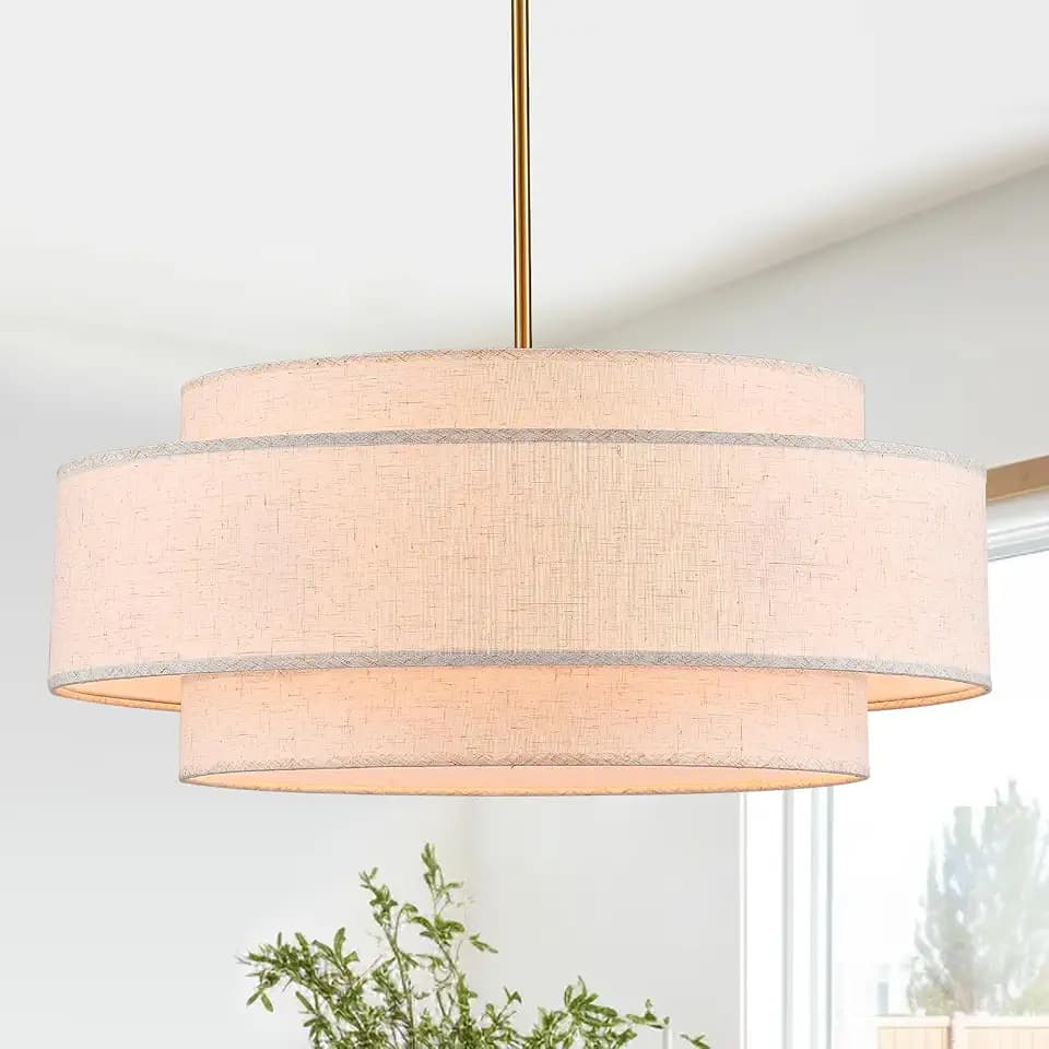 23.6" Large Linen Drum Chandelier, 6-Light Golden Light Fixture