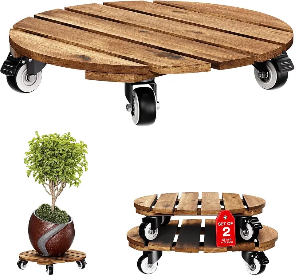 Idzo Combo 12 Inch and 14 Inch Acacia Wood Rolling Round Planter Caddies for Plant Pots, Heavy Duty Plant Stand with 360° Lockable Wheels, 264 lbs Capacity Caddy for Indoor and Outdoor Use, Golden Teak