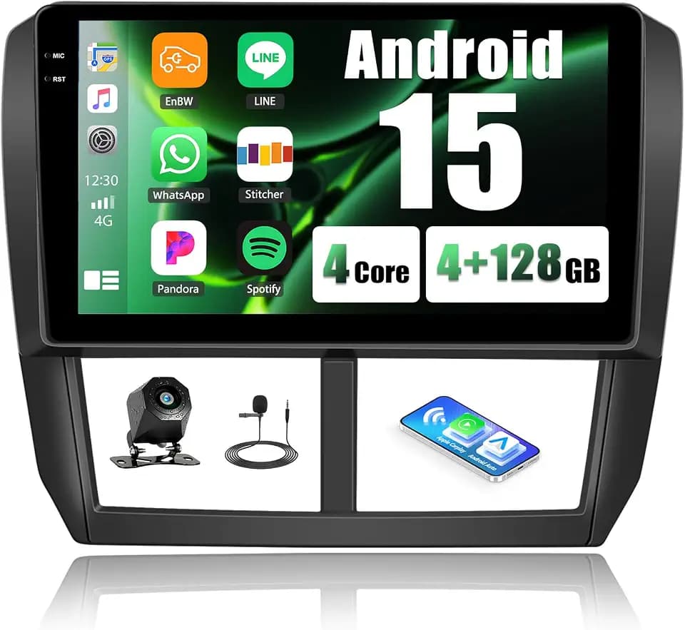 [4+128GB] Android 15 Car Stereo for Subaru Forester 2008-2012 & Impreza WRX 2008-2011 with Wireless CarPlay Android Auto,9" Screen Car Radio with Bluetooth GPS WiFi FM/RDS DSP EQ SWC Backup Camera