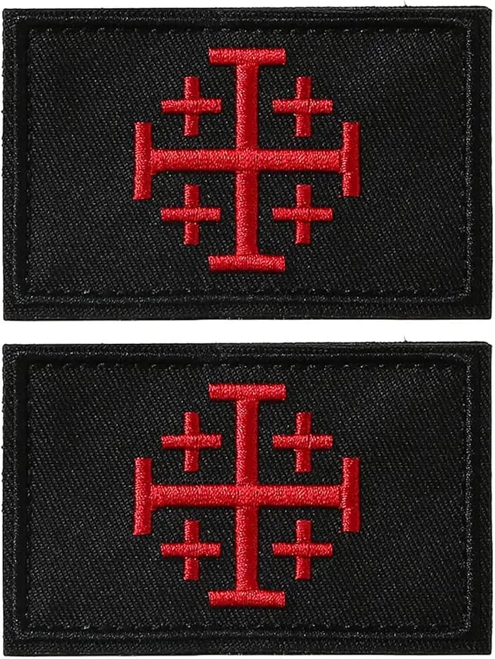 2 Stück Jerusalem-Kreuzritter-Jihad-Patches, christliche Patches, Haken und Schlaufe, Militär-Patch für taktische Rucksäcke, Kleidung, Jeans, Hüte, Taschen, Jersey, schwarz/rot