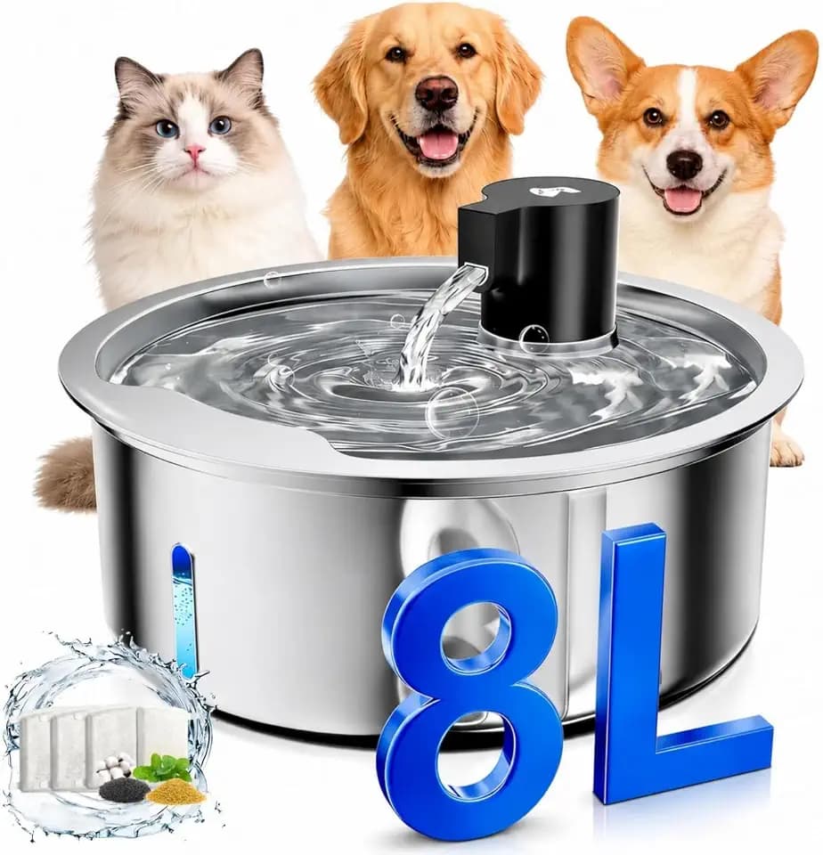 Dog Water Fountain, 8L/2.1 Gal Stainless Steel for Large Dogs & Multi-Pet