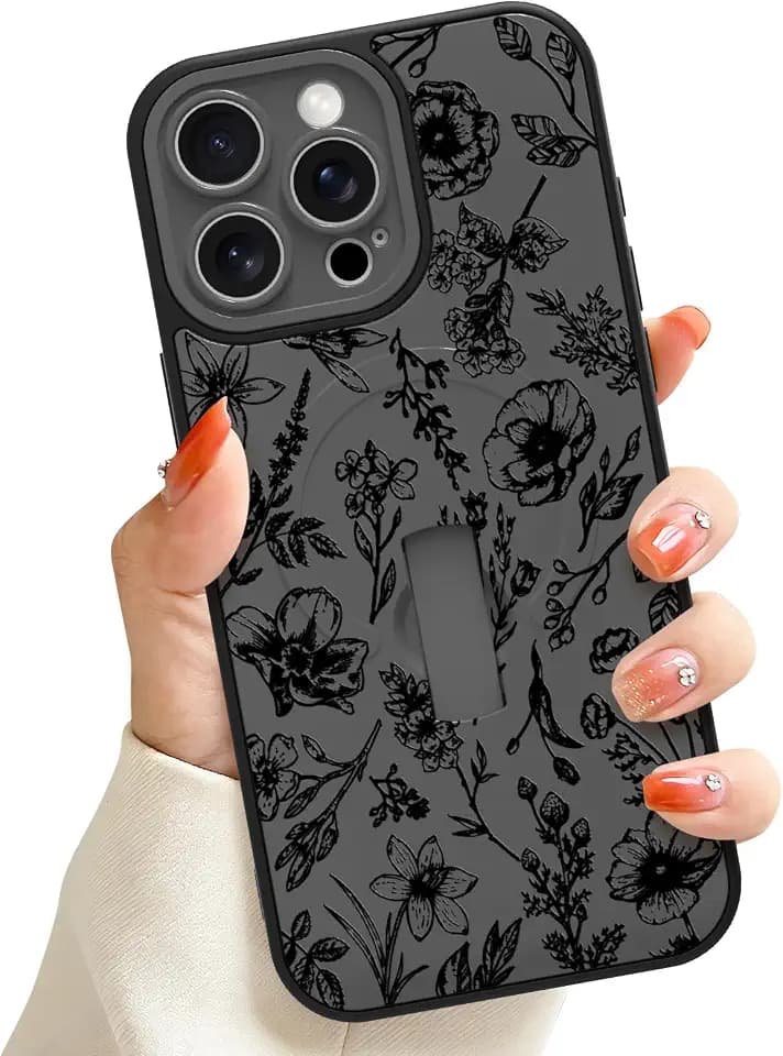 ZIYE Magnetic for iPhone 15 Pro Max Case with Finger Strap Kickstand, Black