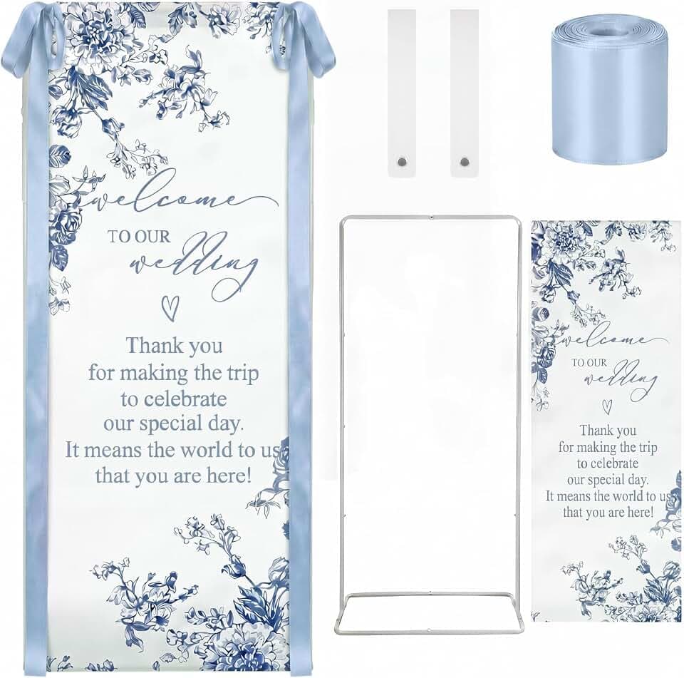Chinoiserie Floral Wedding Welcome Linen Sign Stand(Blue)