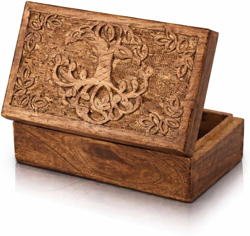Tolles Geburtstagsgeschenke Handmade dekorative hölzerne Schmuckkiste Baum des Lebens schnitzen Schmuck Organizer Andenkenbox Schatztruhe Schmuckstück Halter Watch Box Storage Lock Box (Antique)