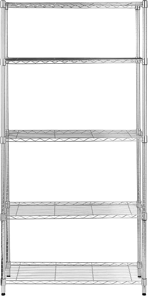 Amazon Basics Aufbewahrungseinheit mit 5 Regalböden, höhenverstellbaren Einlegeböden und Nivellierfüßen, Maximalgewicht 680 kg, Chrom, 36 D x 91 W x 183 H cm