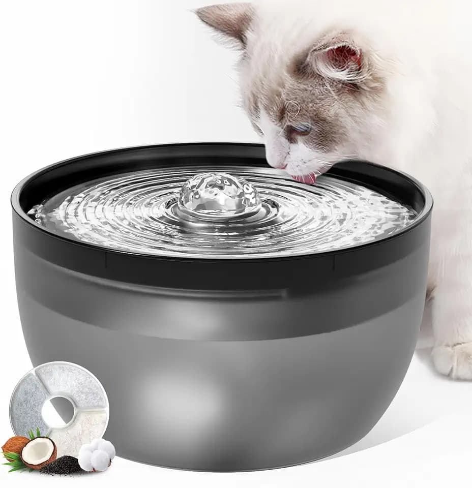 Casfuy W8 Quiet Stainless Steel Dog & Cat Water Fountain with LED Light, Black, 102-oz