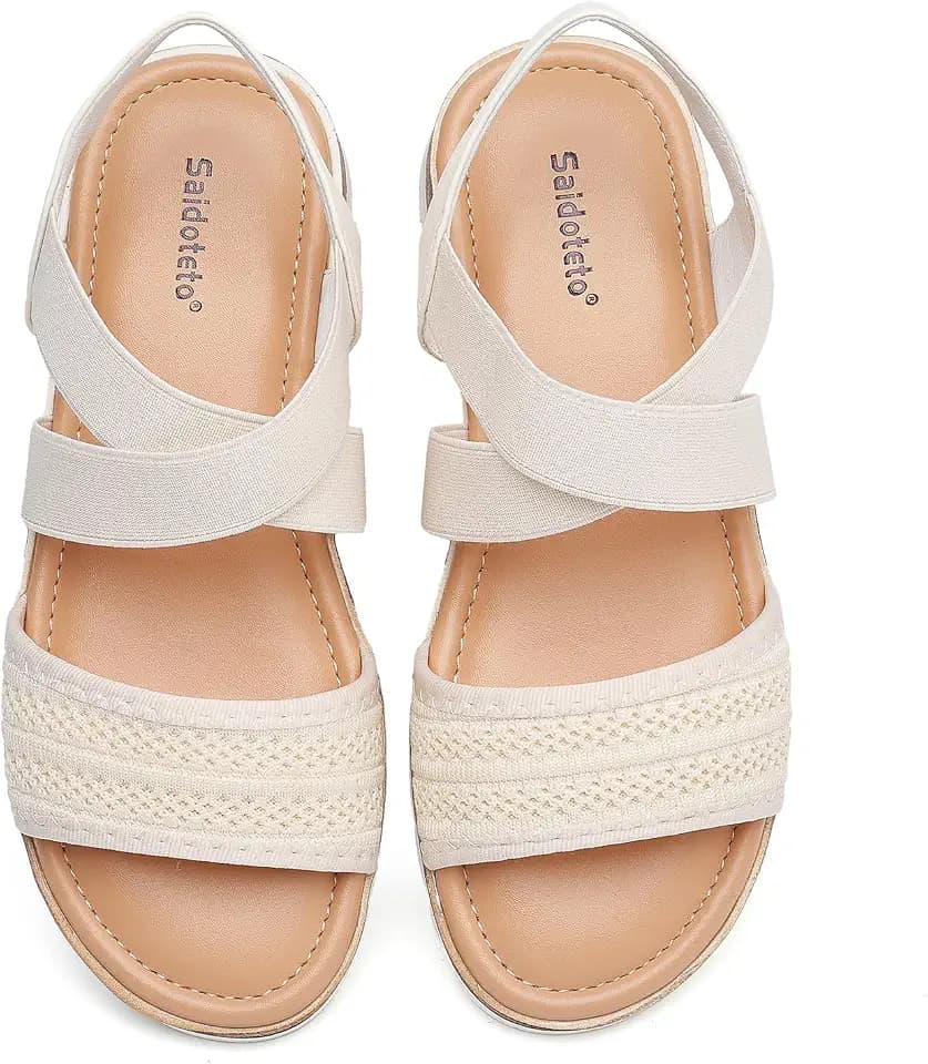 Saidoteto Women's Flat Sandals,Comfortable Elastic Ankle Strap Slingback Slip-On Open Toe Low Wedge Walking Sandals for Summer & Casual