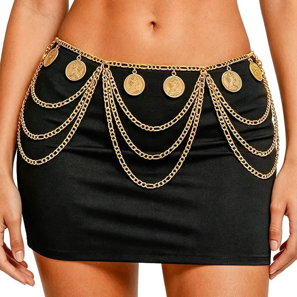 REETAN Gold Waist Chain Coin Layered Fashion Rave Body Accessories for Women