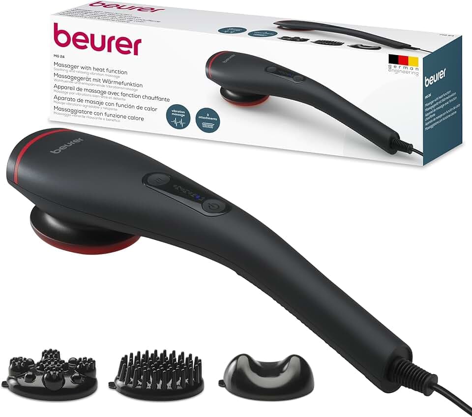 Beurer MG 24 Vibrationsmassagegerät, 2 wohltuende Massageprogramme und 2 Intensitätsstufen für ideale Entspannung, 3 Massageaufsätze, am ganzen Körper einsetzbar, schwarz