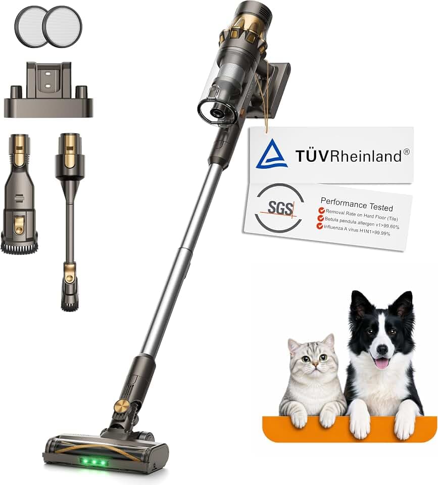 HP20 Akku Staubsauger, 180 AW, TÜV-getestet, grünes LED-Licht, AI-Stauberkennung, Staubsauger kabellos, für Tierhaare, Teppiche, Hartböden & Fugen