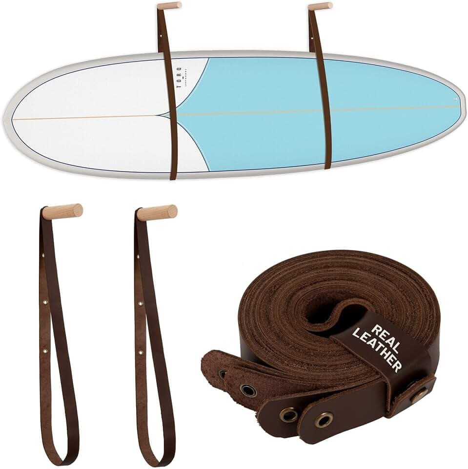 Hang 11 Surfboard Wall Mount - Oak Wood & Leather Surfboard Hanger