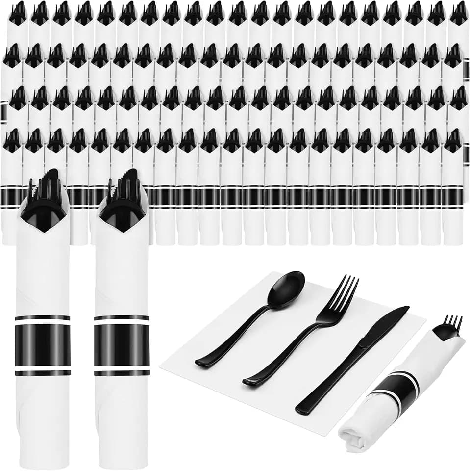 100Pack Pre Rolled Black Plastic Silverware Rolled Cutlery with Napkins