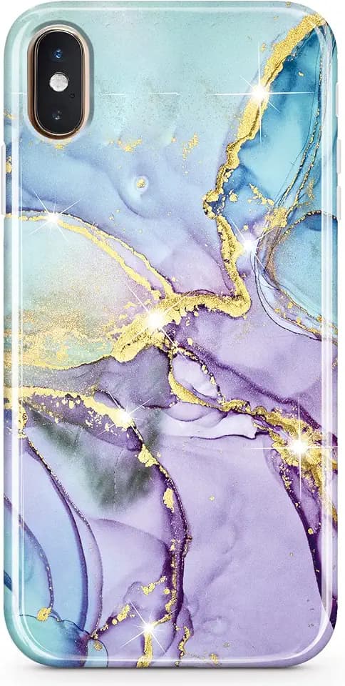 Schutzhülle für iPhone XR, goldfarben, glitzernd, Marmor, schmal, stoßfest, TPU, weiches Gummi-Silikon, Handyhülle für iPhone XR, Violett / Blau