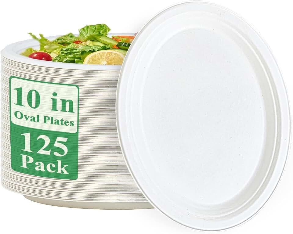 Vplus 100% Compostable Oval Paper Plates 10 inch 125 Pack, White
