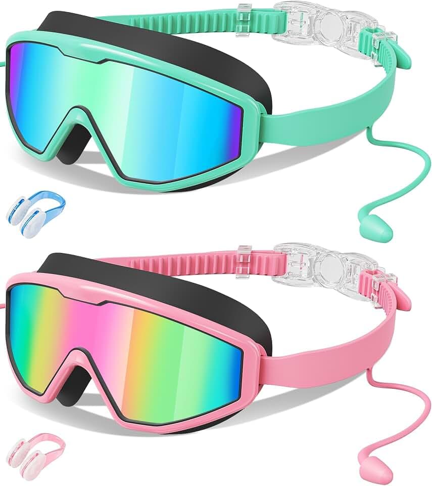 Kids Swim Goggles Wide View Anti-Fog UV Protection No Leak with Earplugs