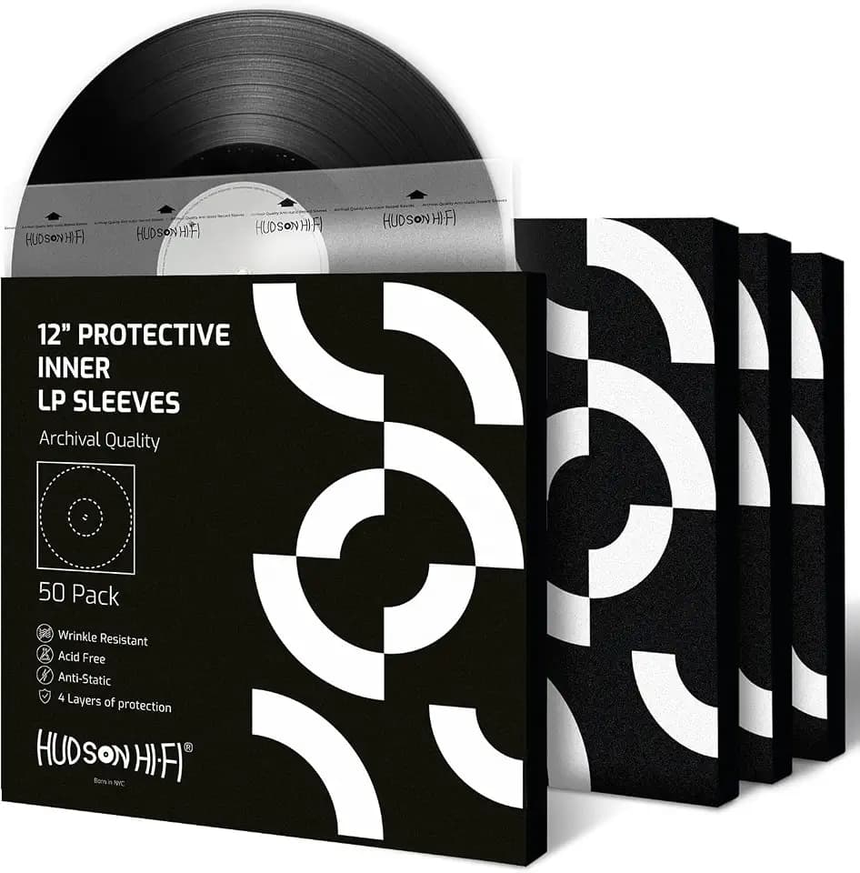 Hudson Hi-Fi Anti-Static Vinyl Record Sleeves - Durable Clear Disc Sleeves- Protect Your LP Albums from Scratches, Dust & Dirt - Acid-Free Rice Paper Disc Covers, 50x Inner Sleeves