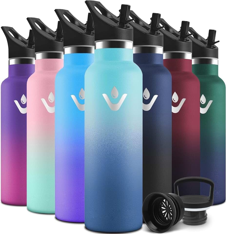 Motswedi Trinkflasche Edelstahl, 750 ml Auslaufsicher, Thermosflasche, Mit 2 Deckeln und Strohhalm, Wasserflasche, Vakuum Doppelwandig, Isolierflasche für Sport, Schule, Fitness, Himmelblau-Dunkelblau