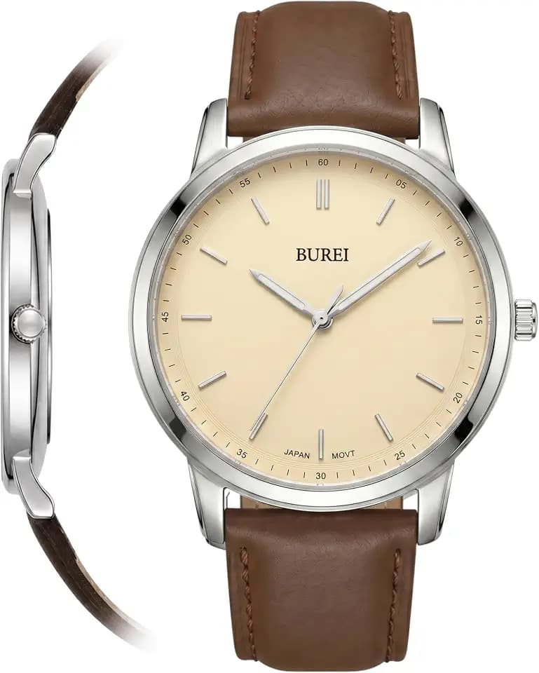 BUREI Men‘s 44mm Large Dial Watch, Ultra-Thin Lightweight Quartz Wristwatch, Genuine Leather Strap,Minimalist Dress Watch for Business Casual, Gift for Dad Husband