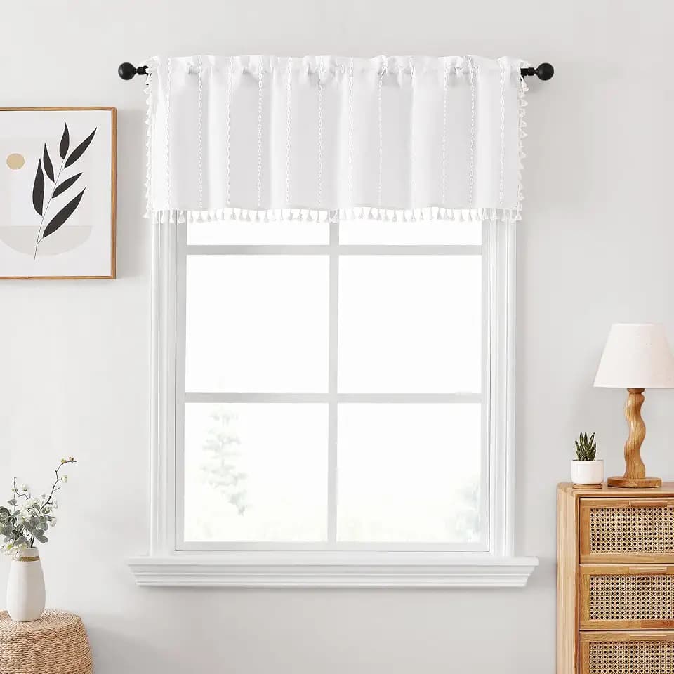 BTTN Small Boho Linen Striped Window Valance Curtain, 52Wx18L, White
