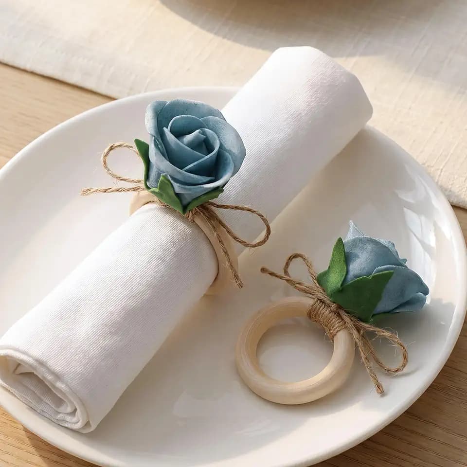12 Pcs Spring Napkin Rings White Rose Wood Dusty Blue
