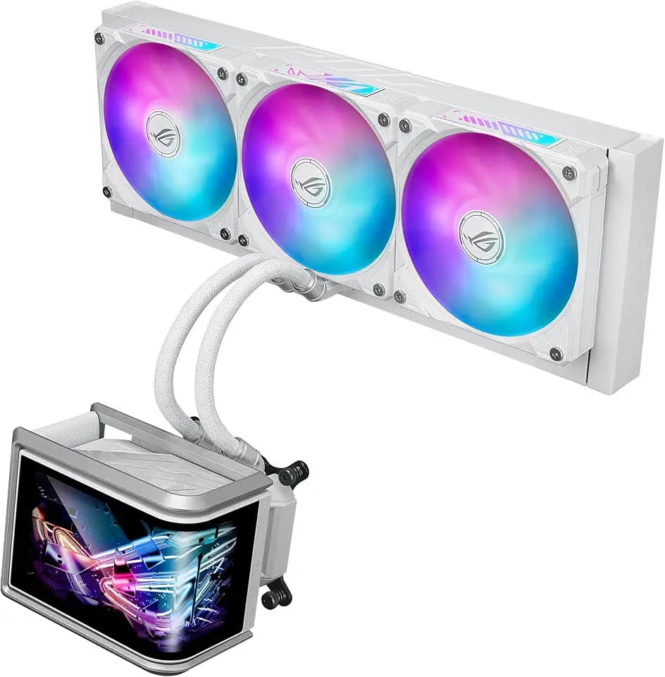 ASUS ROG RYUO IV SLC 360 ARGB White Edition All-in-one CPU Liquid Cooler, Shortened tubing for Clean Aesthetic, Movable Curved 6.67-inch Display, 6 Year Warranty
