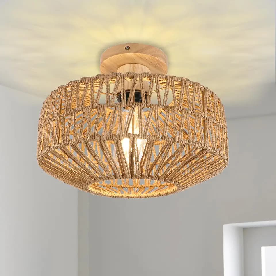 Boho Rattan Deckenlampe Wohnzimmer, 1 Licht Handgewebter Klein Deckenleuchte Schlafzimmer, Natürliche Bauernhaus Holz Deckenleuchten für Küche, Eingangsbereich, Flur