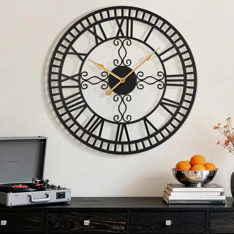24" Large Wall Clock, Big Clock for Living Room Decorative, Black Large Wall Clocks Battery Operated with Metal Roman Numeral, Completely Silent, Non-Ticking for Bedroom, Kitchen,Fireplace