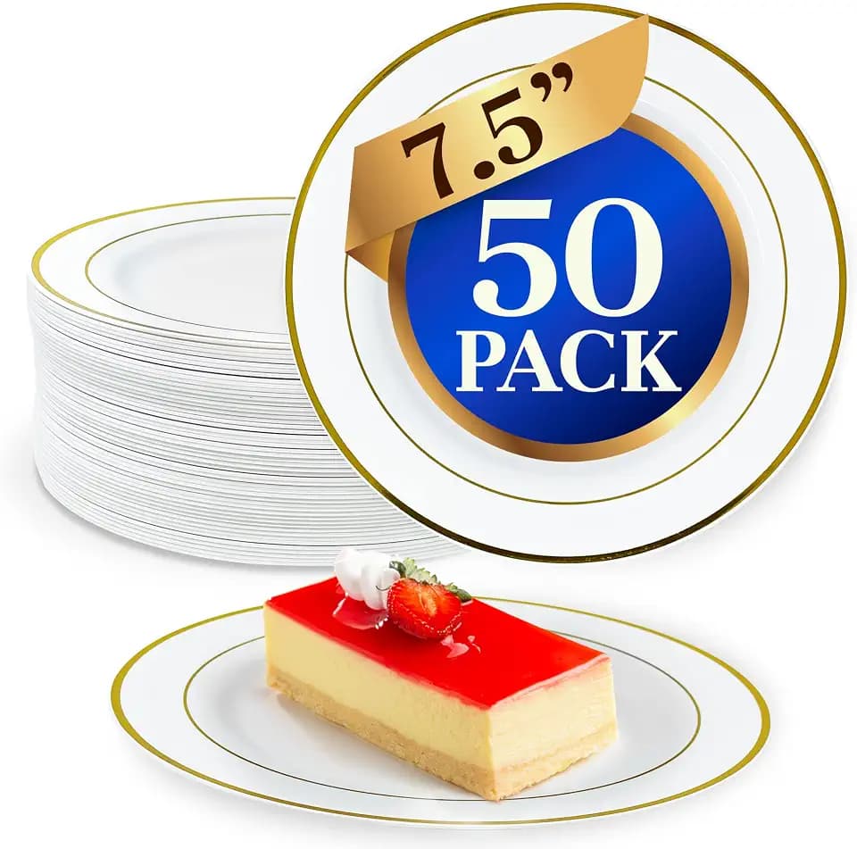Reli. 50 Pcs Plastic Dessert Plates, Disposable (7.5 inch White w/Gold Rim)