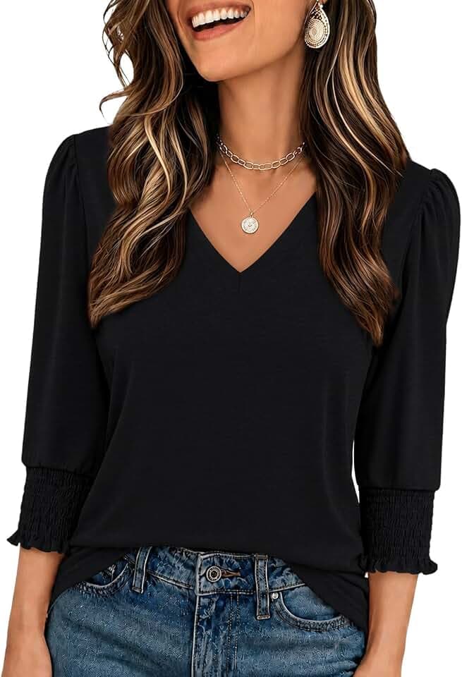 Cuptacc Tshirt Damen 3/4 Ärm V Ausschnitt Basic Elegant Langarmshirt Locker