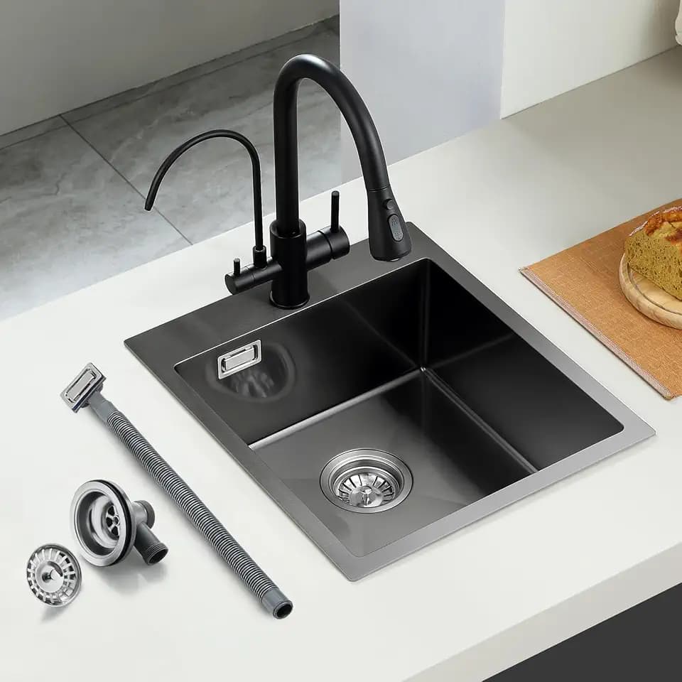 ROVOGO Küchenspüle Schwarz 50x43cm Edelstahl Spüle inkl. Ablauf & Überlauf