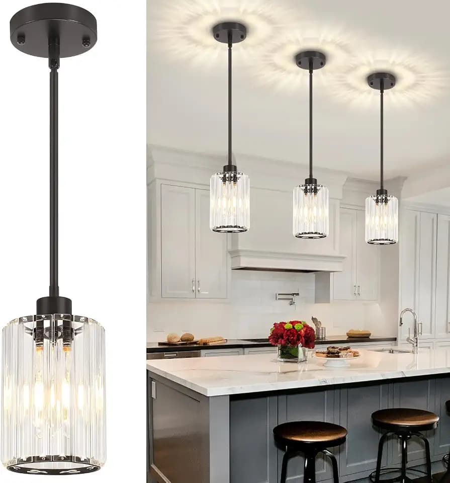 3 Pack Black Pendant Lights Kitchen Island Crystal Hanging Lighting Fixture