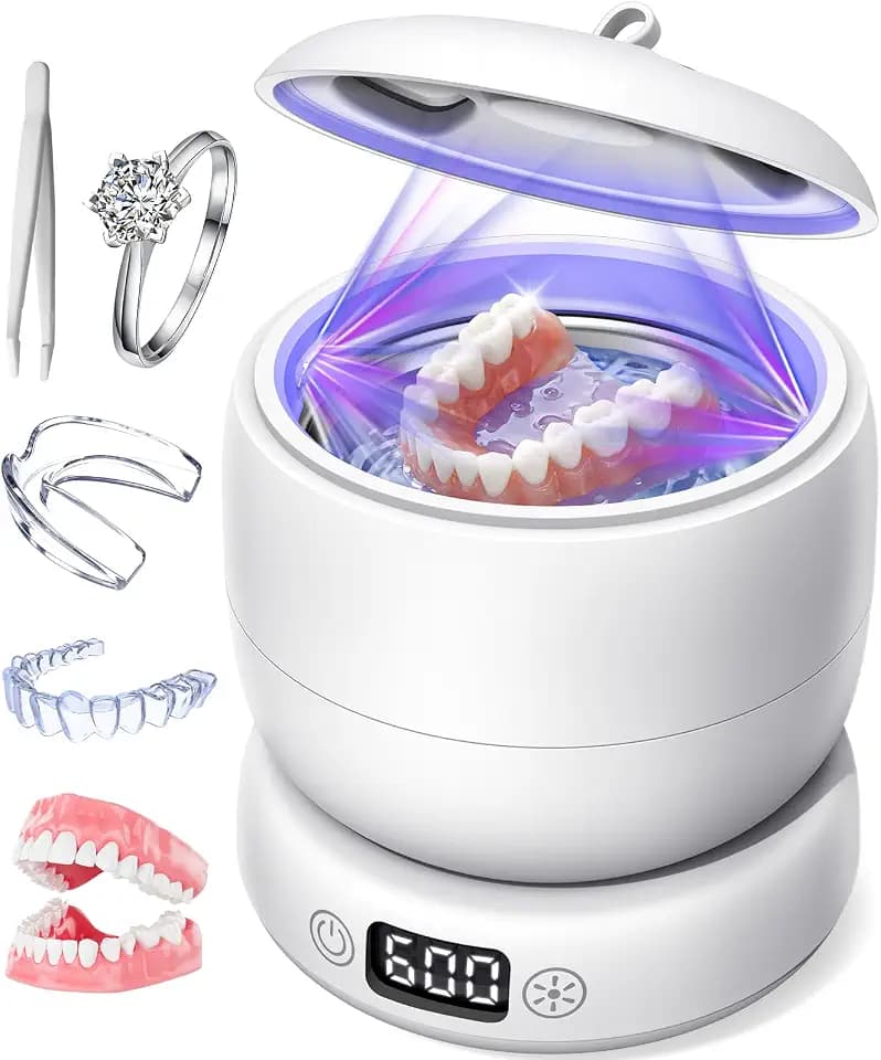 Ultrasonic Retainer Cleaner Machine, 42kHz Dental Cleaning Pod for Dentures, Aligners, Mouth Guards, Jewelry - IPX7 Waterproof Durable Removable Base and Top Cover, 3 Timer Settings (White)