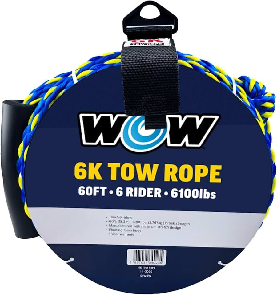 Wow Sports 6k 60 ft. Tow Rope with Floating Foam Buoy 1 2 3 or 4 Person Tow Rope for Boating, 11-3020, Blue