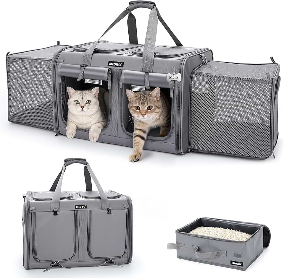 MIDOG Cat Carrier for 2 Cats, Expandable Double Carrier with Litter Box