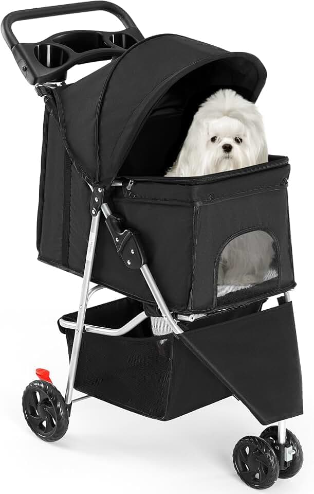Smug 3 Wheels Pet Stroller, Dog and Cat Strollers, Storage Basket and Cup Holder, Breathable Mesh, Lightweight Travel Carrier, Waterproof and Foldable for Small Pets Outdoor Walk, Black