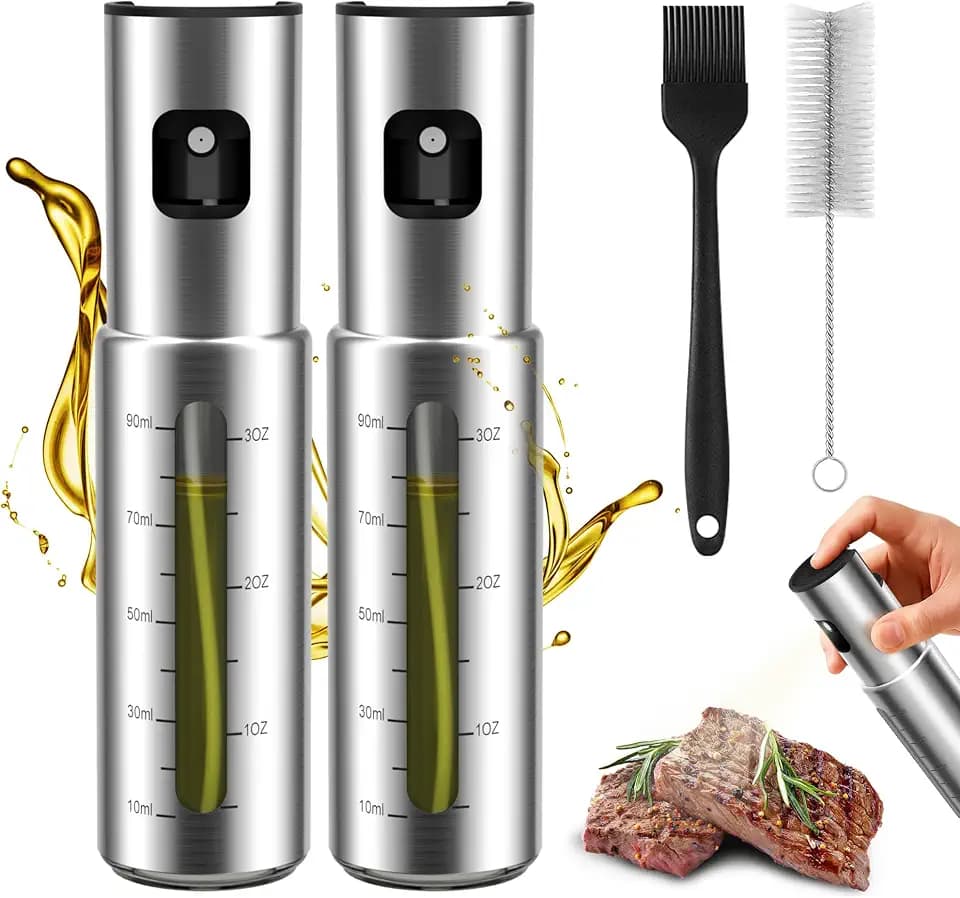 KitchenBoss Ölsprüher für Speiseöl 100ml Ölspray für Heißluftfritteuse Edelstahl Airfryer Öl Spray für Salat, Grillen, Backen Inklusive Reinigungsbürste und Ölpinsel(2PCS)
