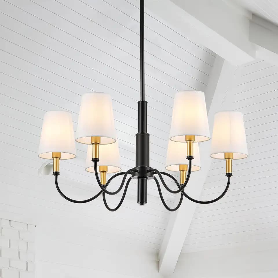 6-Light Black Modern Chandelier with White Fabric Shade, 30" Farmhouse Pendant Ceiling Light Fixture for Dining Room Foyer Living Room