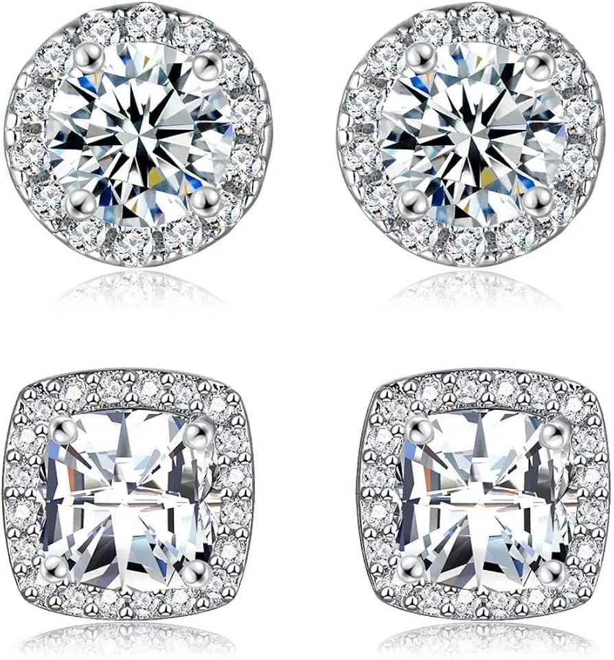 18K White Gold Plated Round Square Cubic Zirconia Simulated Diamond Halo Stud Earrings 2 pairs Set