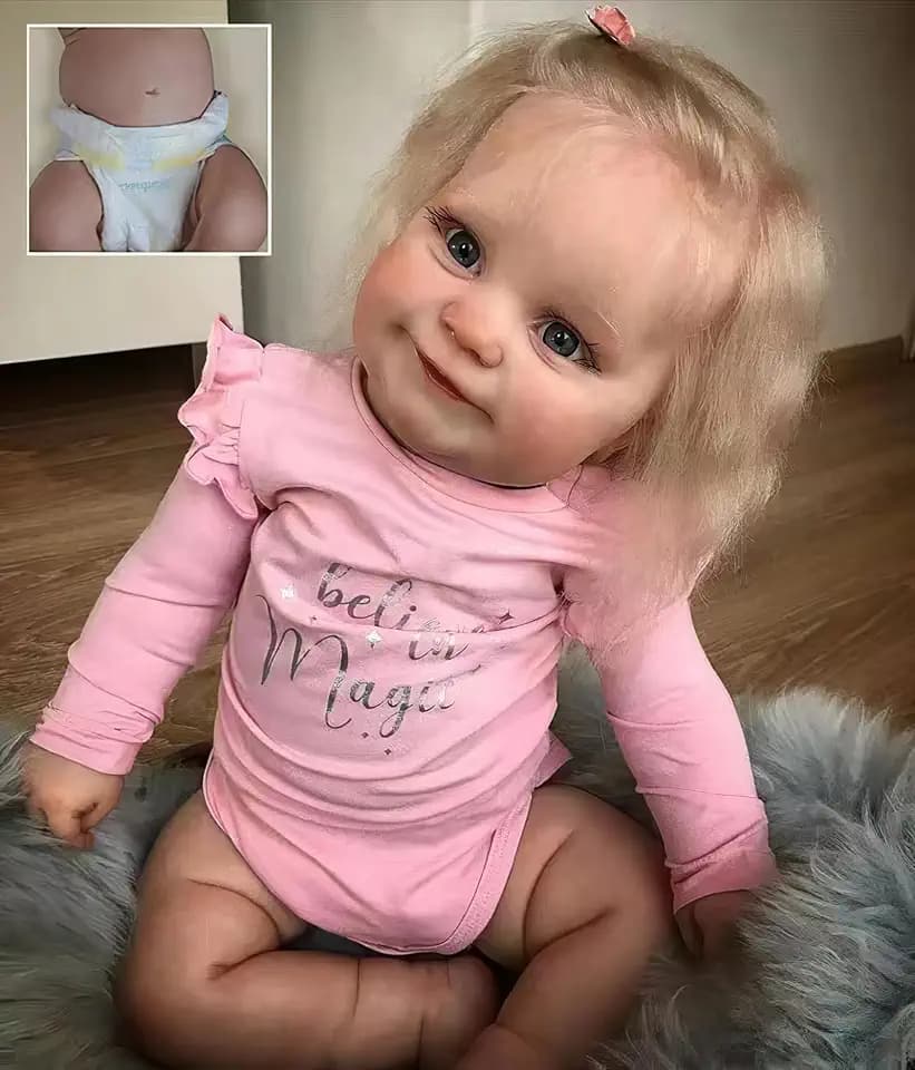 MineeQu 20 Zoll Realistische Baby Puppe Lebensechte Reborn Baby Puppen Lachendes Neugeborenes Mädchen Vinyl-Vollkörper mit Blondem Gewurzelten Haar & Rosa Outfit