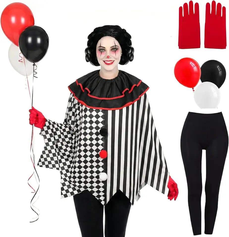 Mprocen Karneval Kostüm Clown Cape SchwarzWeiß Clown Umhang Kostüm Damen mit Schwarze Hose Red Gloves Set Karneval Zirkus Outfit für Fasching Party