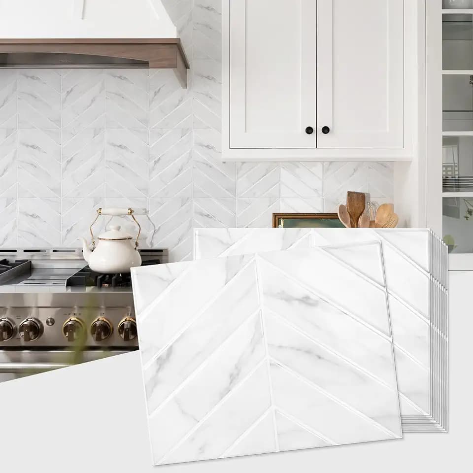 STICKGOO Herringbone Peel and Stick Backsplash, White Marble, 10 Sheets