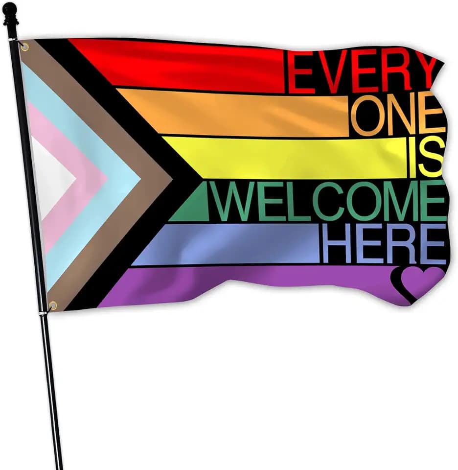 Everyone Is Welcome Here Flag 3x5 Ft Outdoor Progress Pride Flag Polyester Double Sided LGBTQ Pansexual Rainbow Flags for Indoor House Yard Outside Banner Decor