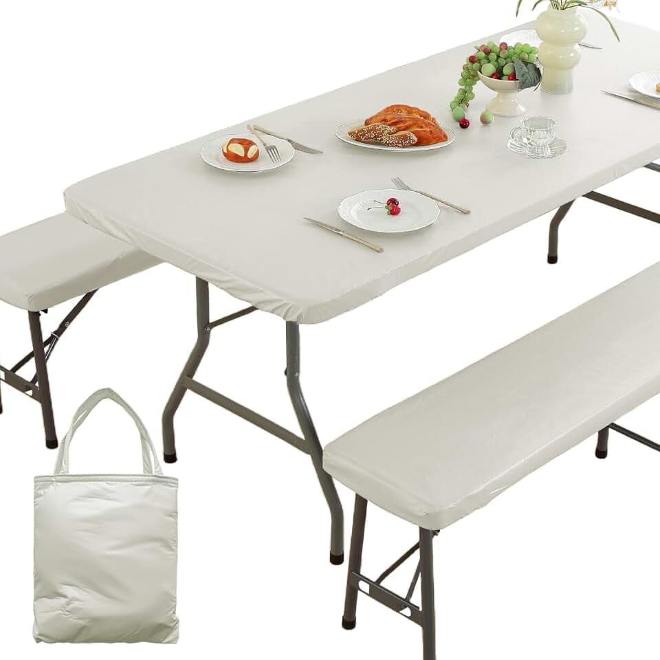 SASTYBALE 6FT Picnic Table Cover with Bench Covers, Off White, 72 x 30 Inch