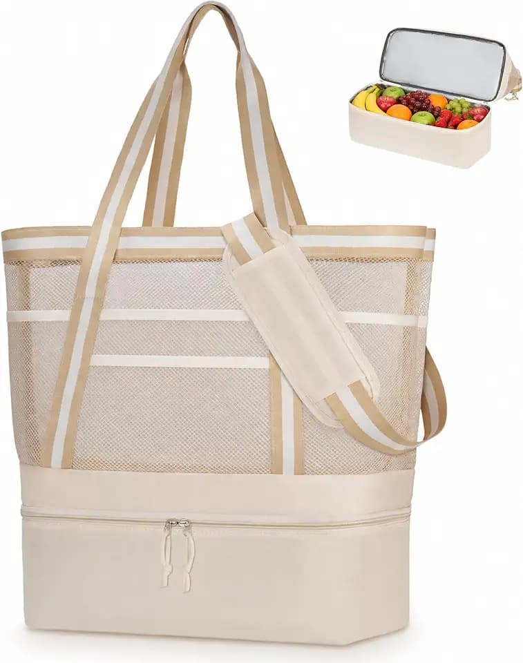 WOOMADA Mesh Tote Bag With Cooler, Large Reusable Tote Bags for Women with Wet Pocket, Shopping, Gym, Travel Essentials