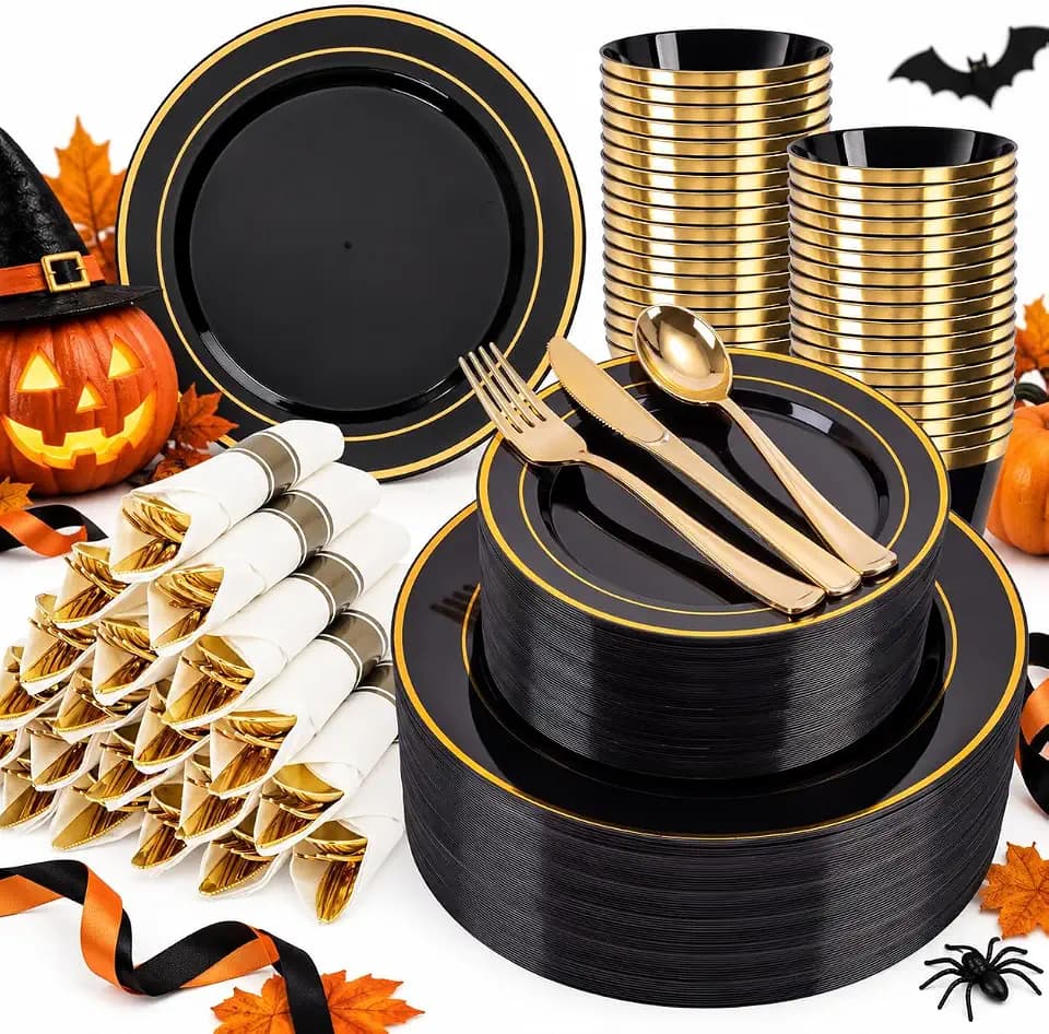 WELLIFE 350PCS Black and Gold Plastic Plates - Plastic Dinnerware Set for 50 Guests,Include 50 Dinner Plates, 50 Dessert Plates, 50 Black Cups 9 OZ, 50 Pre Rolled Napkins with Gold Silverware