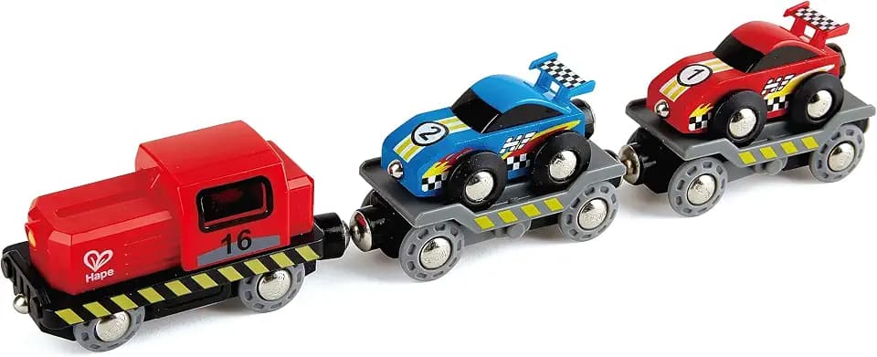 Hape Eisenbahn Rennwagen-Transporter, Frachtzug ab 3 Jahren, Eisenbahn