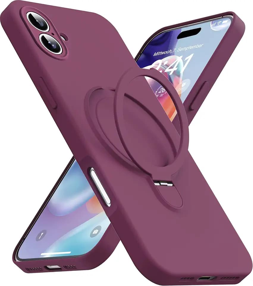 Magnetic Stand for iPhone 17 Case, Liquid Silicone, [Compatible with MagSafe][Built-in Kickstand&Ring Holder] Anti-Scratch Soft Microfiber Lining, Wine Red